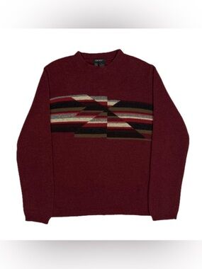 DKNY 100% lambswool burgundy red geometric knit crewneck sweater women’s large